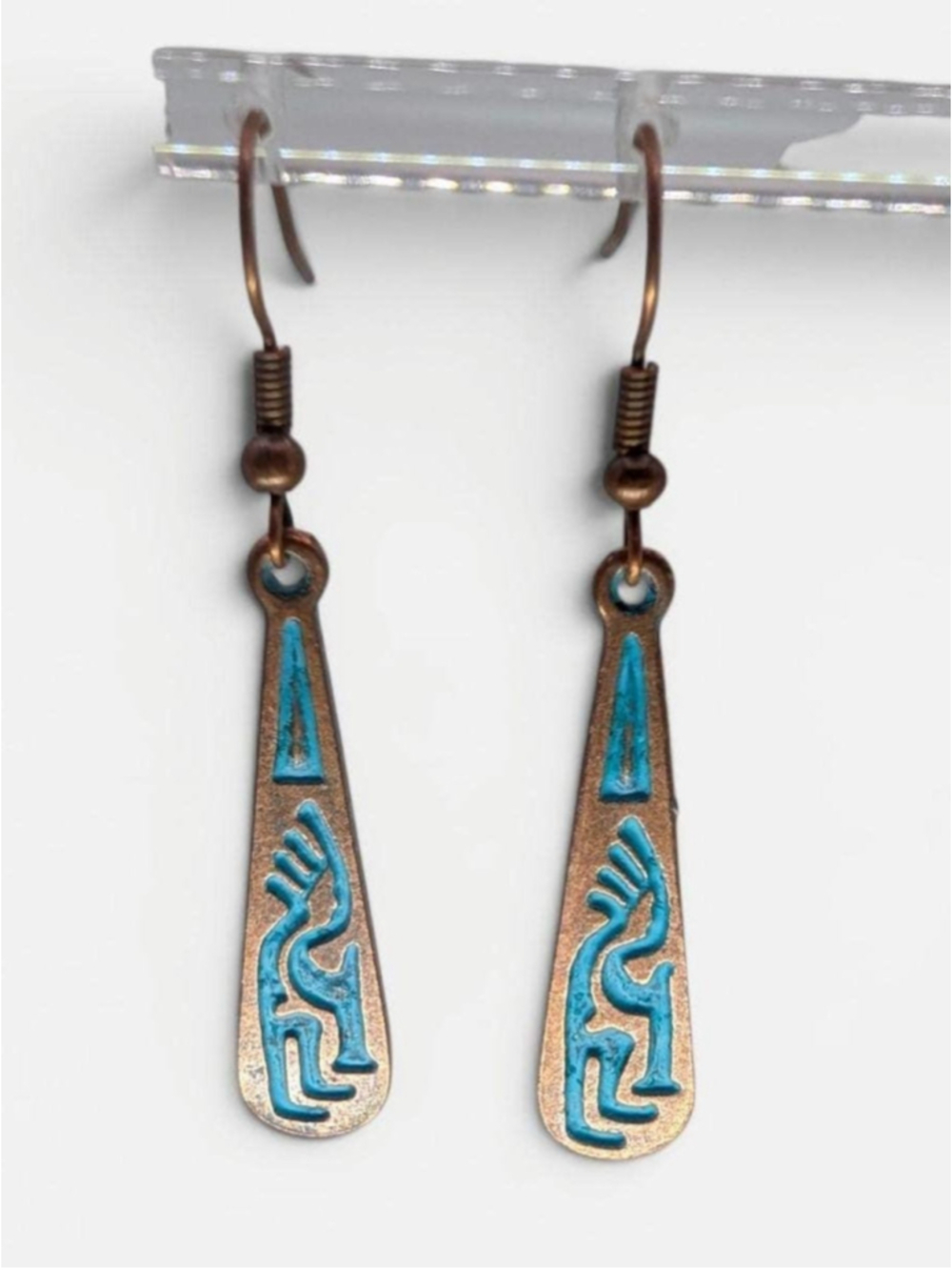Kokopelli Dangle Earrings, Antique Style Copper Patina Tone Southwestern - Picture 3 of 10